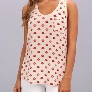 Joie “Alicia” 100% Silk Racerback Tank in Red & Ivory Lip Print Design. NWOTs